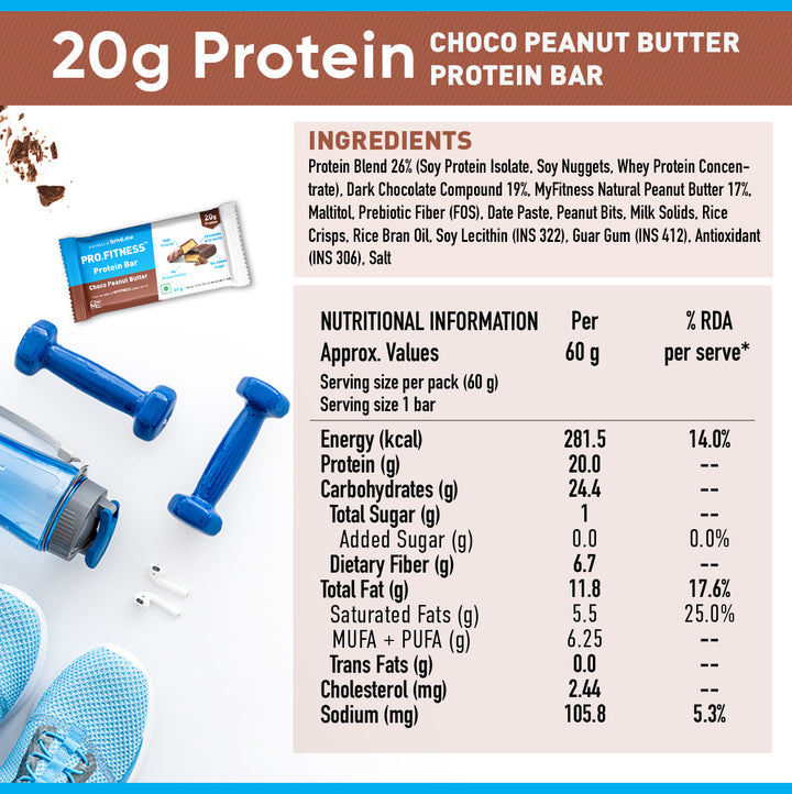 PRO.FITNESS Chocolate Peanut Butter Protein Bar 60g, Pack of 6