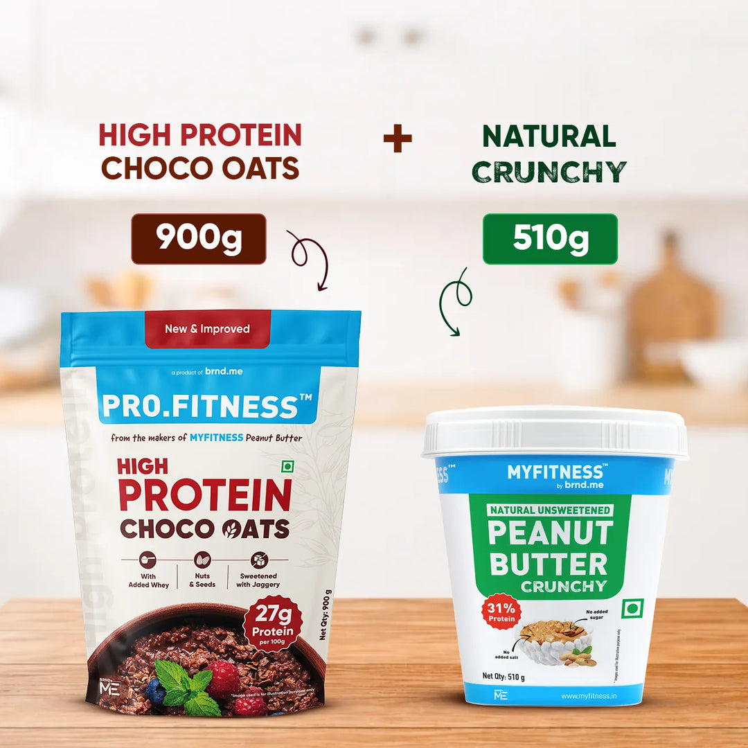 High Protein Healthy Breakfast combo (1.4kg) | 27g High Protein Chocolate Oats (900g) + Unsweetened Peanut Butter- Natural Crunchy (510g)
