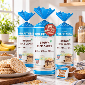 Pro.Fitness Brown Rice Cakes with FREE 20g Peanut Butter Pack | 100% Whole Grain Brown Rice | 8.4% Protein | 7.2% Fibre | Zero Added Sugar | Pack of 3