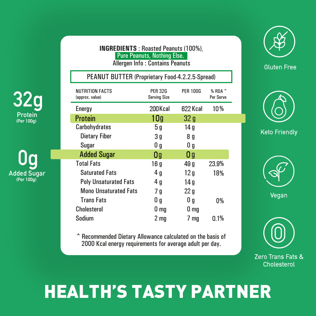 Natural Zero Sugar Crunchy Peanut Butter (32% Protein)