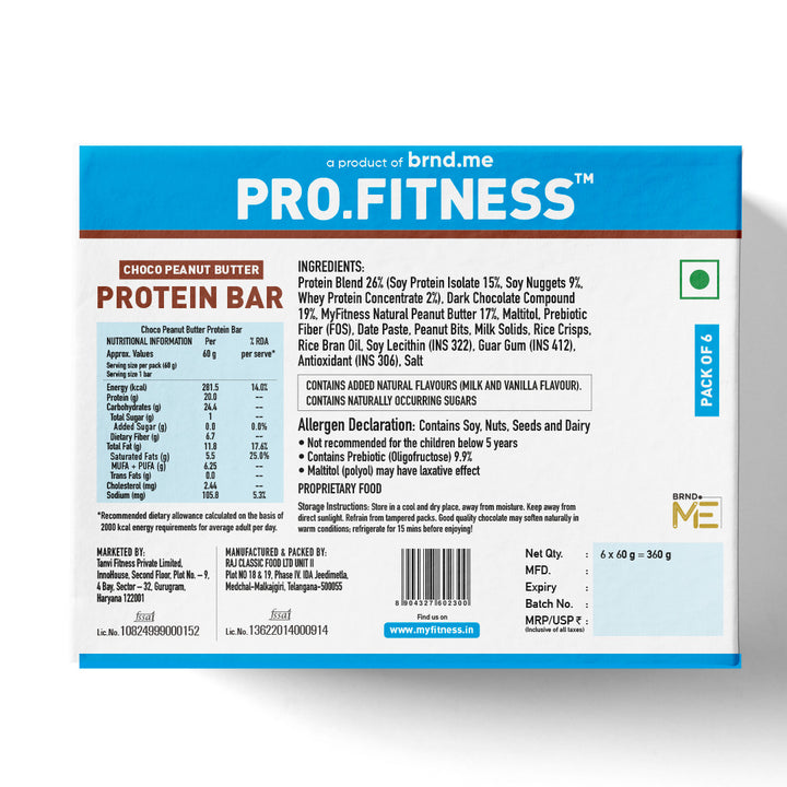 PRO.FITNESS Chocolate Peanut Butter Protein Bar 60g, Pack of 6