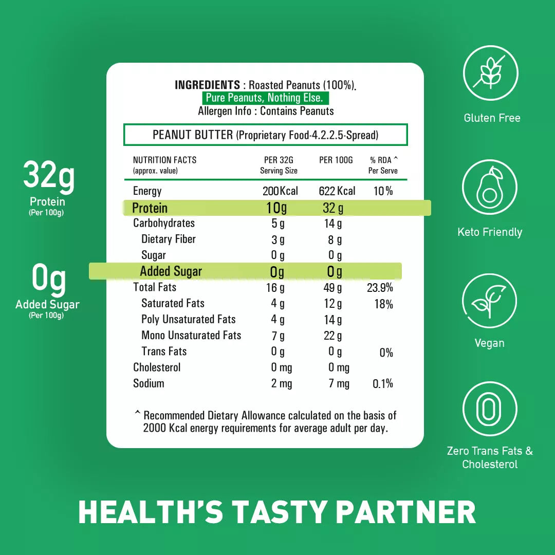 Natural Zero Sugar Crunchy Peanut Butter (32% Protein)